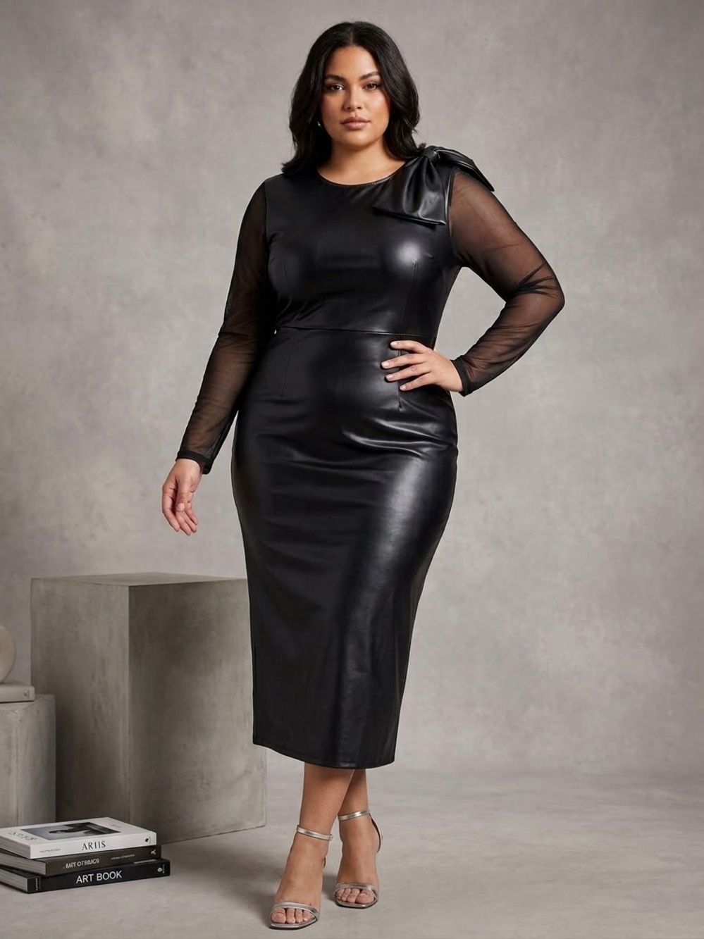 Plus-Size Black Faux Leather Midi Dress with Sheer Long Sleeves